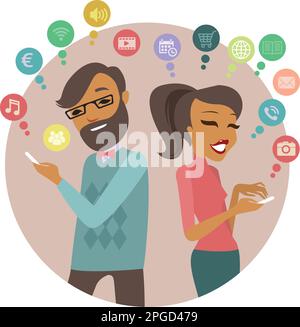 couple sending love messages using smartphone wireless communications Stock Vector