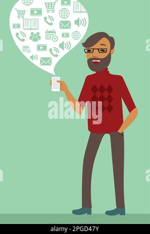 Young Man using smartphone flat vector illustration Stock Vector