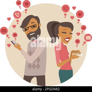 Couple sending love messages using smartphone wireless communications Stock Vector