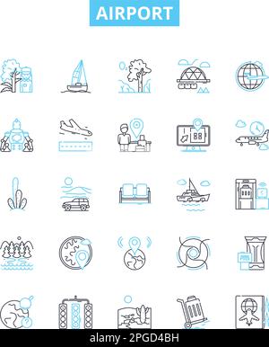 Airport vector line icons set. Airport, Terminal, Check-in, Terminal-, TSA, Runway, Arrival illustration outline concept symbols and signs Stock Vector