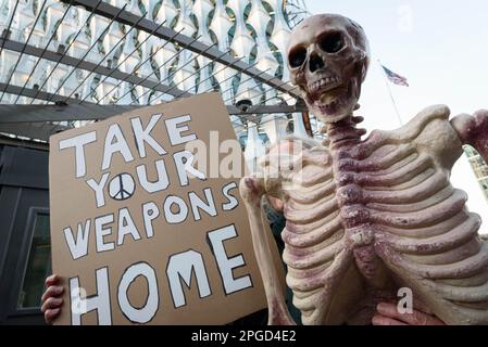 London, UK. 21 March, 2023. Campaign for Nuclear Disarmament rally at the U.S Embassy against proposed storage of new nuclear weapons on UK soil at RA Stock Photo