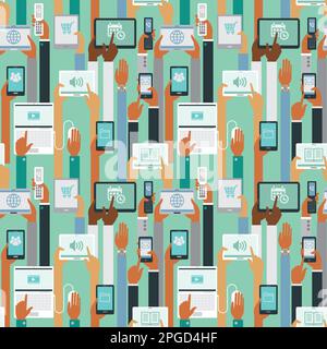 Human hands holding smart devices seamless pattern Stock Vector