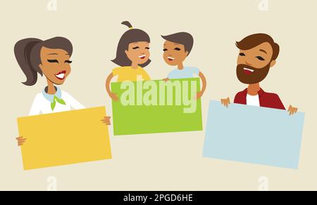 Family holding blank cards to place your text Stock Vector