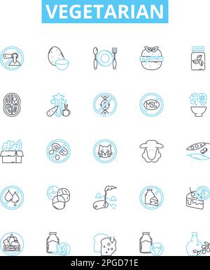 Vegetarian vector line icons set. Vegetarian, plant-based, green, plant-only, veggie, vegan, pulses illustration outline concept symbols and signs Stock Vector