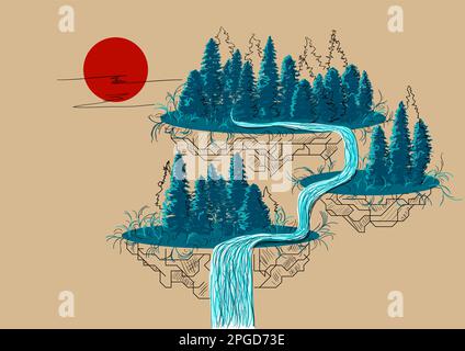 forest vector abstract illustration with sun and river Stock Vector