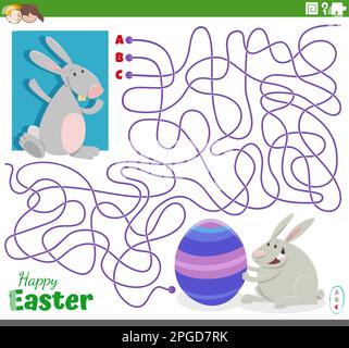 Cartoon illustration of lines maze puzzle game with Easter Bunnies and Easter egg Stock Vector