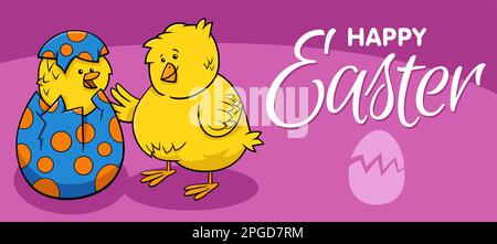 Cartoon illustration of Easter Chick hatching from Easter egg greeting card design Stock Vector