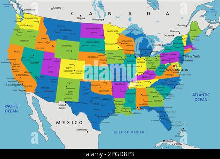 Colorful United States of America political map with clearly labeled, separated layers. Vector illustration. Stock Vector