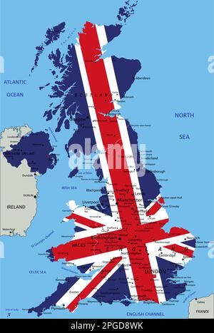 United Kingdom highly detailed political map with national flag. Stock Vector
