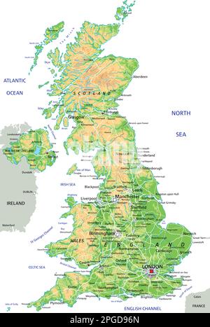 High detailed United Kingdom physical map with labeling. Stock Vector