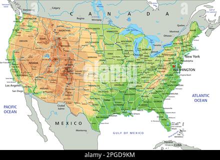 High detailed United States of America physical map with labeling. Stock Vector