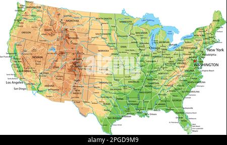 High detailed United States of America physical map with labeling. Stock Vector