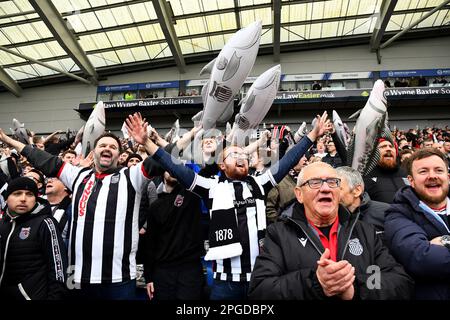 Grimsby Town fans are seen with Harry the Haddock inflatables - Brighton & Hove Albion v Grimsby Town, The Emirates FA Cup Quarter Final, Amex Stadium, Brighton, UK - 19th March 2023  Editorial Use Only - DataCo restrictions apply Stock Photo