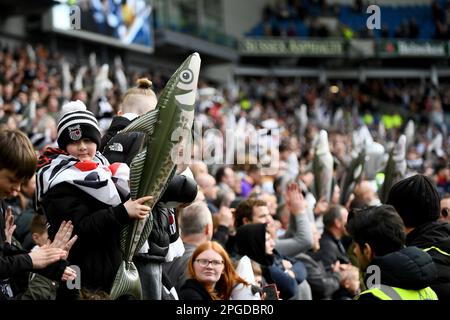 Grimsby Town fans are seen with Harry the Haddock inflatables - Brighton & Hove Albion v Grimsby Town, The Emirates FA Cup Quarter Final, Amex Stadium, Brighton, UK - 19th March 2023  Editorial Use Only - DataCo restrictions apply Stock Photo