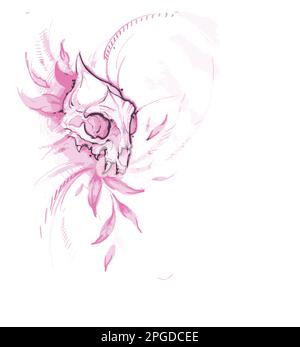 animal skull silhouette in leaves on a white background, color, pink Stock Vector