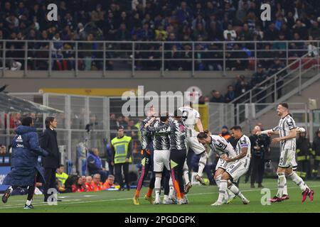 Milan, Italy. 19th Mar, 2023. Italy, Milan, march 19 2023: Filip Kostic (Juventus defender) scores and celebrates the 1-0 goal at 23' during football match FC INTER vs JUVENTUS FC, Serie A 2022-2023 day27 at San Siro stadium (Credit Image: © Fabrizio Andrea Bertani/Pacific Press via ZUMA Press Wire) EDITORIAL USAGE ONLY! Not for Commercial USAGE! Stock Photo