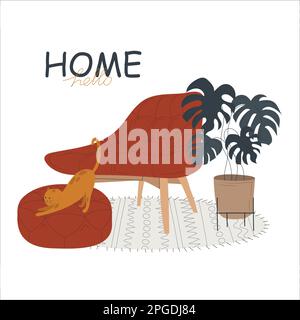 Cute interior with red armchair and ottoman, houseplant and cat.  Stock Vector