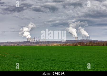 Lignite-fired power plants from RWE Power, Frimmersdorf and Neurath (from left) Stock Photo