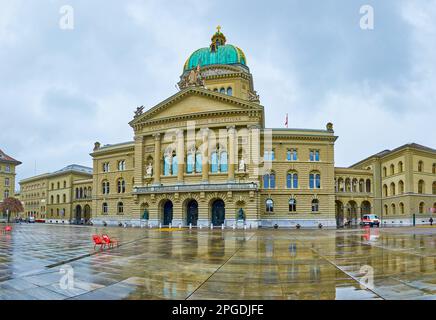 The main facade of Bundeshaus (Federal Palace) on Bundesplatz square in Bern, Switzerland Stock Photo
