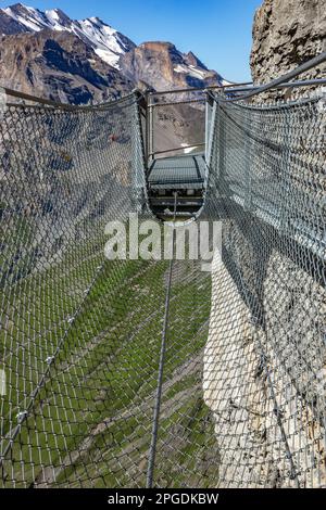 View of the hanging bridge in the Swiis alps Stock Photo