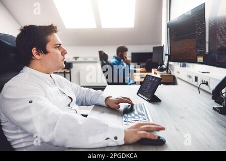Side view waist up of two IT programmers coding in a bright office with lost of natural light  Stock Photo