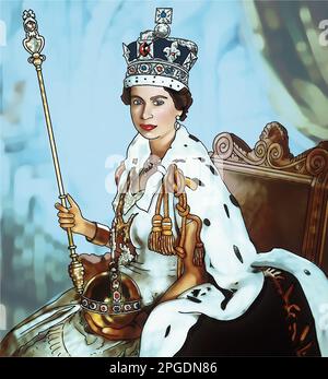 Art illustration of Queen Elizabeth II, Queen of the United Kingdom inspired by the Coronation portrait by Cecil Beaton, Stock Photo