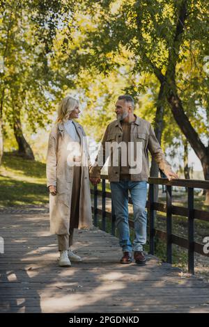 Side view of middle aged couple talking and holding hands on bridge in park,stock image Stock Photo