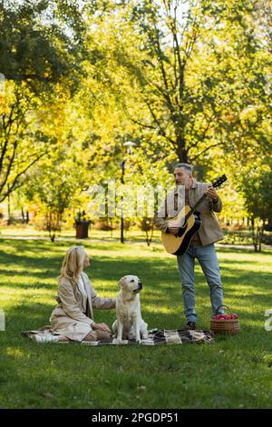 bearded middle aged man standing near wife and labrador dog while playing acoustic guitar in park,stock image Stock Photo