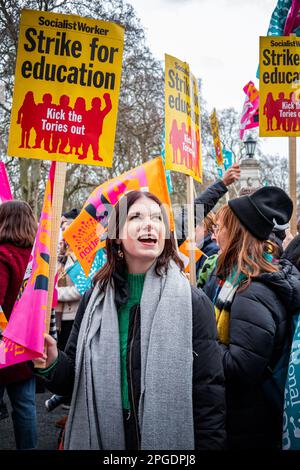 London, UK. 15th March, 2023. Young female shouting. Teachers and children at the start of the biggest protest since the strikes began. The Budget Day protest in central London. Thousands marched through the streets towards Trafalgar Square including teachers, junior doctors, and civil servants all striking for better pay and better working conditions. In total approx. half a million public sector workers across the country walked out over pay. Stock Photo