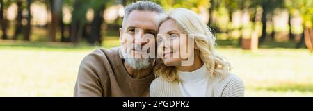 portrait of charming middle aged couple sitting together in green park during springtime, banner,stock image Stock Photo