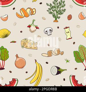Seamless pattern with organic waste. Leftovers, spoiled products, kitchen scraps, fruit, vegetables. Farming and agriculture. Home composting and zero Stock Vector