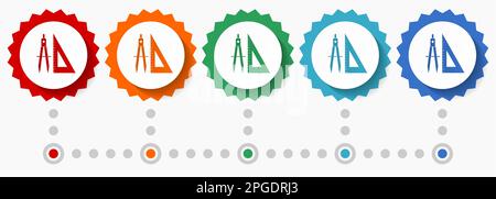Geometry, education vector icon set, colorful infographic template, set of flat design badge icons in 5 color options Stock Vector