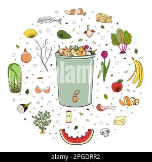 Circle with organic waste and compost bin. No food wasted. Recycling organic waste, compost. Sustainable living, zero waste concept. Hand drawn vector Stock Vector