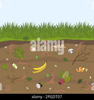 Ground cutaway with worms and food scraps. Pink earthworms in garden soil. Recycling organic waste. Farming and agriculture. Hand drawn vector illustr Stock Vector