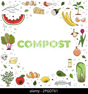 Frame with organic waste. No food wasted. Recycling organic waste, compost. Sustainable living, zero waste concept. Hand drawn vector illustration. Stock Vector