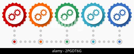 Gears, cogwheel vector icon set, colorful infographic template, set of flat design badge icons in 5 color options Stock Vector