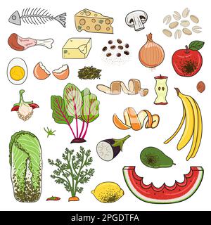 Set of organic waste - fruits, eggshell, vegetables, food leftovers. Recycling organic waste. Compost concept. Farming and agriculture. Hand drawn vec Stock Vector