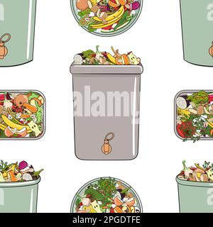 Seamless pattern with home composters, kitchen scraps. Recycling organic waste. Farming and agriculture. Home composting and zero waste concept. Hand Stock Vector