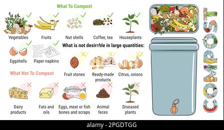 Infographic of composting bin with kitchen scraps. What to or not to compost. No food wasted. Recycling organic waste, compost. Sustainable living, ze Stock Vector