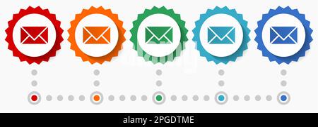 Email, envelope vector icon set, colorful infographic template, set of flat design badge icons in 5 color options Stock Vector
