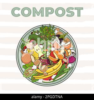 Composting bin with kitchen scraps, top view. No food wasted. Recycling organic waste, compost. Sustainable living, eco-friendly zero waste concept. H Stock Vector