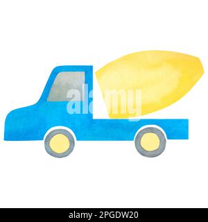 Kids toys. Watercolor illustration of a truck - concrete mixer. Illustration for children. Separately on a white background. Suitable for cards, invit Stock Photo