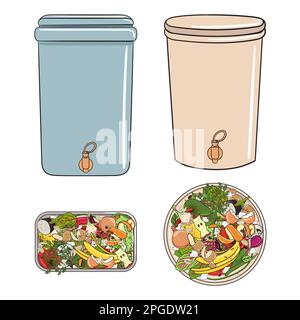 Set of composting bins with kitchen scraps, fruits and vegetables. No food wasted. Recycling organic waste, compost. Sustainable living, zero waste co Stock Vector