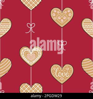 Seamless pattern with gingerbread heart cookies. Happy Valentine's Day. Different types of gingerbread hearts with glaze for wrapping paper, backgroun Stock Vector