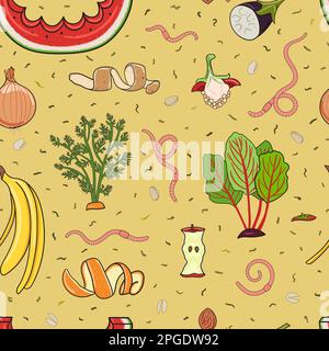 Seamless pattern with organic waste. Leftovers, spoiled products, kitchen scraps, fruit, vegetables. Farming and agriculture. Home composting and zero Stock Vector