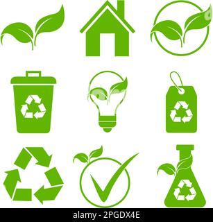 Bio and ecology. Contains icons such as Leaf, Ecology, Environment, Light Bulb, Climate Change, Waste Recycling. Stock Vector