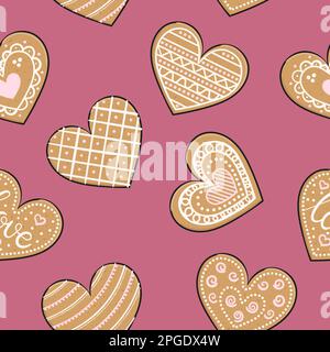 Seamless pattern with gingerbread heart cookies. Happy Valentine's Day. Different types of gingerbread hearts with glaze for wrapping paper, backgroun Stock Vector