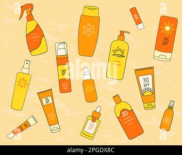 Set of SPF bottles, tubes on sand background. Sunscreen protection and sun safety. Sunscreen cream, lotion isolated collection. Hand drawn line vector Stock Vector