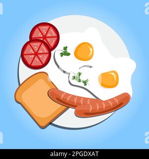 Fried egg with red tomato, toast, sausage, and green parsley on the white plate. Healthy food is isolated on blue background. Paper cut out vector illustration Stock Vector