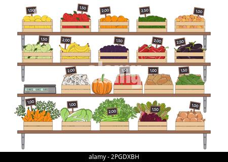 Set of vegetables and fruits in the boxes. Farmer s marker, grocery store, zero waste shop. Local market food, fresh and organic farm products. Hand d Stock Vector